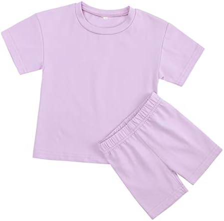 Romperinbox Toddler Girl Summer Outfits Солидна маица со кратки ракави+велосипедисти шорцеви девојки обична облека поставува 2 парчиња