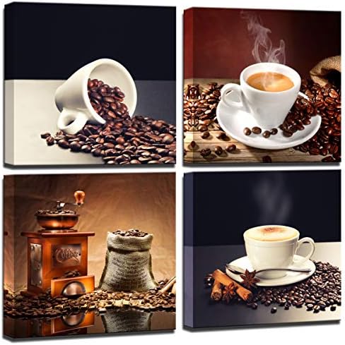 Wallидна уметност за кујнски кафе, кафе, кафе чаша платно печати wallидна уметност декор врамена подготвена за виси - 4 панели