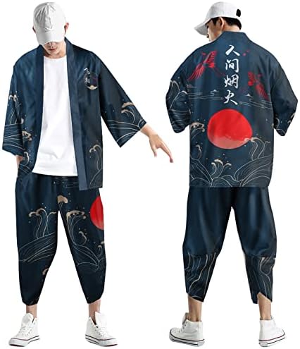 Xiloccer јапонски стил кимоно врвови панталони сетови за мажи лесни седум ракави печатени мажи отворени предни кардиган и шорцеви