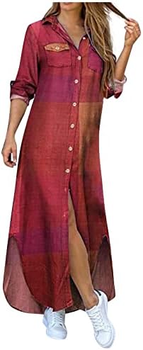 Модни женски обични лабави секси секси долги ракави џебни кошула печатење фустан