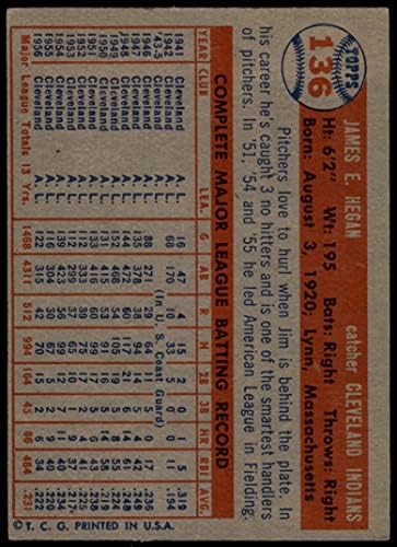 1957 Топс Бејзбол 136 Jimим Хеган Кливленд Индијци одлични