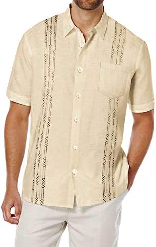 Коофанди маж со кратки ракави со постелнина, кубански плажа врвови џебни кошули со гуајабера
