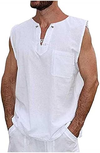 Машки памучни постелнини резервоари врвни кошули, обична чипка без ракави на плажа хипи врвови боемска ренесанса пиратска туника