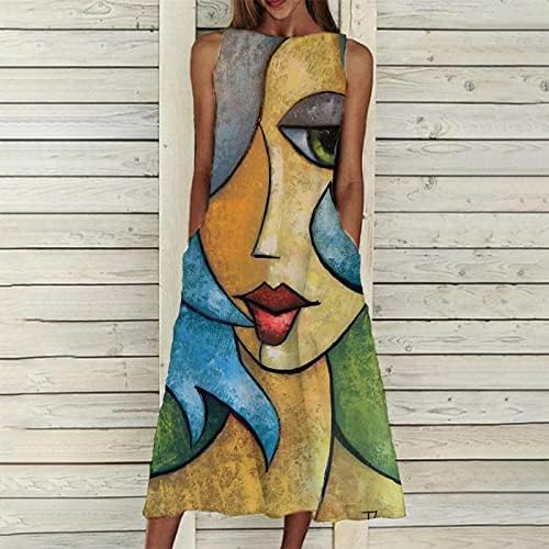 Летен фустан за жени Обични резервоари без ракави фустани Гроздобер апстрактно лице печатење на печатење садница на плажа А-линија фустан