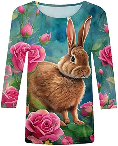 Велигденска кошула за зајаче за жени 3/4 ракав симпатична кошула туника О вратот случајна пулвер блузи врвови
