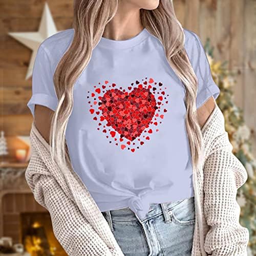 Ден на в Valentубените маички за жени сакаат срцев графички печатење маица со кратки ракави со тркалезен врат на вратот на вратот