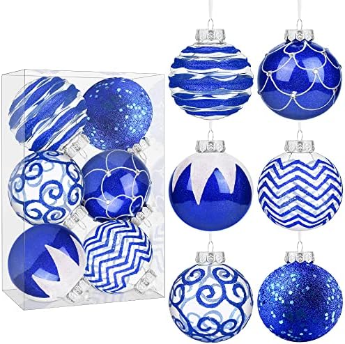Анваво 6 парчиња кралски сини божиќни орнаменти на божиќни сјајни топки распрскувани чисти пластични чамци новогодишна елка што висат топки