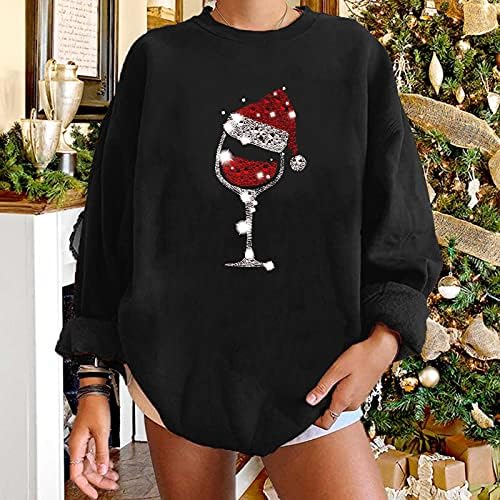 Женска Божиќна маичка црвено вино стакло печати долг ракав пуловер лабава удобна екипаж на блуза со блуза