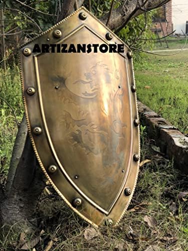 Artizanstore Brass Warriors Shield Art - Средновековна плакета хералдиска уметност декор - борба против штит -оклопниот штит за косплеј,