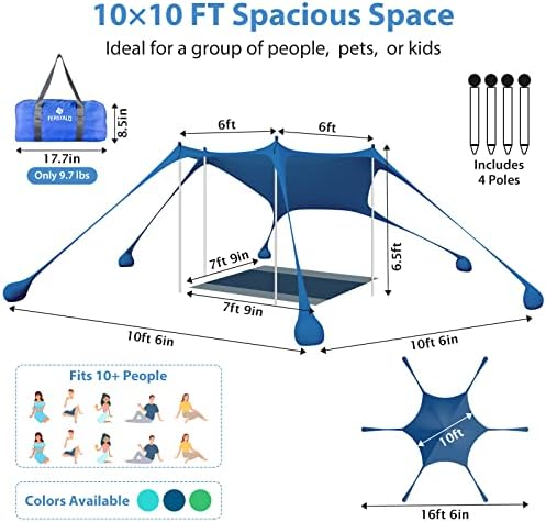 Семејно плажа шатор крошна Сончева сенка UPF50+, 10x10 ft анти-свалување засолниште за сонце со 6 вреќи со вреќи, 4 столбови за стабилност,