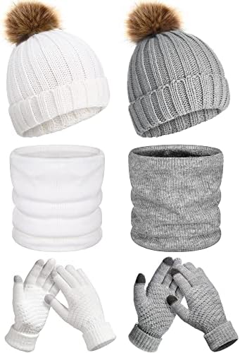 6 парчиња женски зимски плетени ракавици за шамија на шалчиња поставени топло капаче на черепот со пом -пом нараквици на допир на