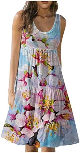 Bdporkas женски летен цвет принтричен миди фустан случајна екипаж лабава скриена фустани со хели