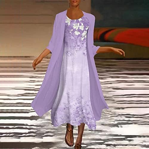 Женски обичен моден печатење O/врат средна долга должина со две парчиња фустан