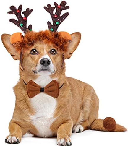 Костим за ирваси за кучиња, божиќни кучиња ирваси на ирваси на глава на глава и јака за вратоврска за миленичиња