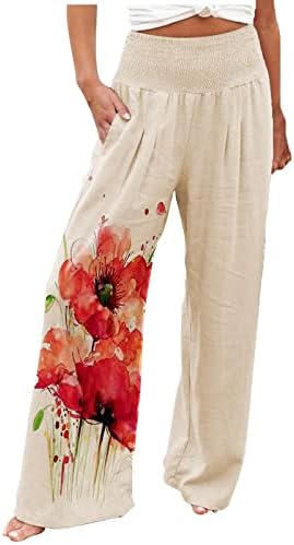 Женски обични панталони се протегаат широки нозе палацо панталони обични цвеќиња за печатење удобни панталони панталони директно