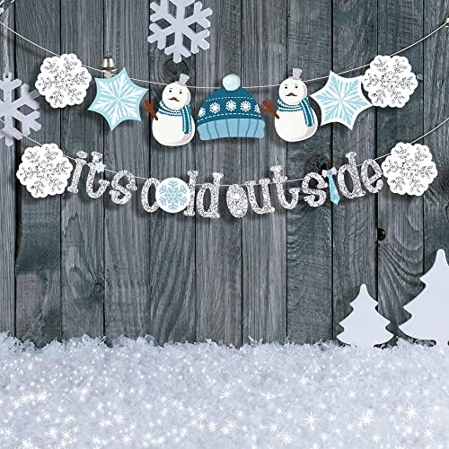 Сребрена сјајна е ладно надвор од банер - зимски украси за туширање за бебиња, сини снежници и украси за забави за снегулка, украси за роденден