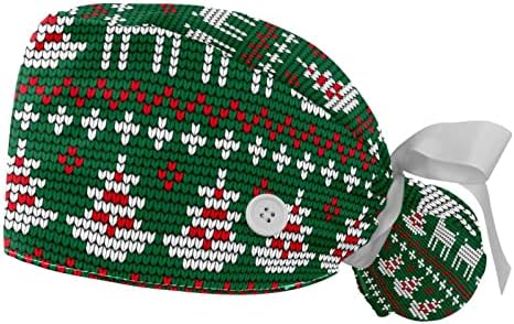 Медицински капачиња Ratgdn за жени со копчиња долга коса, 2 парчиња прилагодливо работно капаче, зелена шема за плетење на Божиќ
