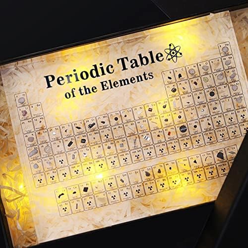 Периодична табела со вистински елементи во внатрешноста, 6x4.5x1inch акрилен периодичен приказ на табела со 83 реални елементи примероци за