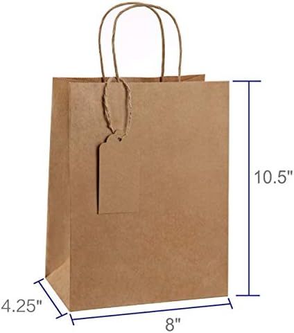 Bagdream Kraft Haper Tagks со рачки Масовно 50 парчиња 8x4.25x10,5 инчи кафеави хартиени кеси со ознаки за подароци, торбички крафт, торби за малопродажба