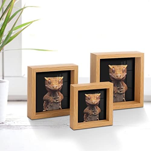 Рептил Геко гуштер дрвена рамка за слика од 3 поставени рамки со фотографии со стакло за декор за приказ на десктоп за дома