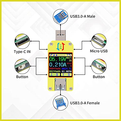 Redtagcanada UM34 USB 3.0 мултиметар USB електронски волтметар амперметар 1,44in LCD боја на батерија тестер PD QC2.0 QC3.0 Брза идентификација на полнење Дигитален 4-24V 0-4A Мултиметар