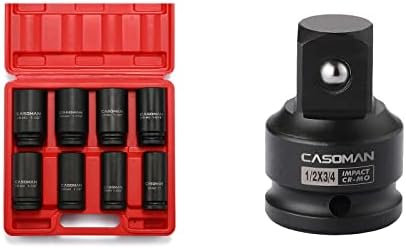Casoman 3/4 Drive Deep Impact Socket Set, 8 парчиња сет, големини на SAE & Casoman 1/2 инчен диск, 1/2 Femaleенски X 3/4 Адаптер за машко влијание, 1/2 F до 3/4 M Штекер со топка за триење