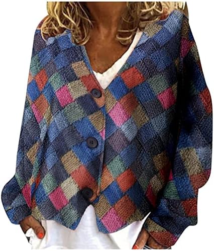 Ekvahl Women'sенски 2023 моден класичен лесен долг ракав Отворен предна кариран џемпери копче надолу со палта за надворешни работи на