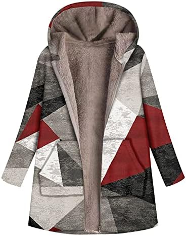 Базисин долги палта за жени Шерпа наредени меки ленти цветни печатени плус големина патенти на качулка јакна за надворешна облека