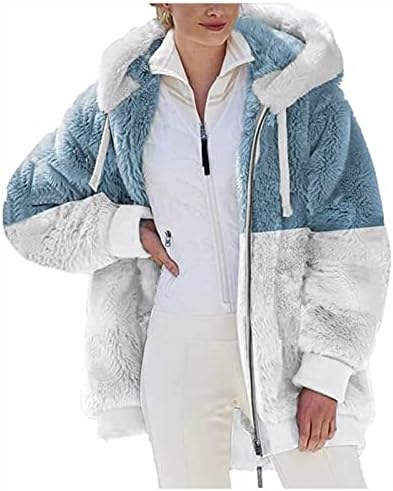 Женски зима 2023 година руно палта, зимска парка јакна лабава плишана долга ракав патент со качулка со џебови со џебови