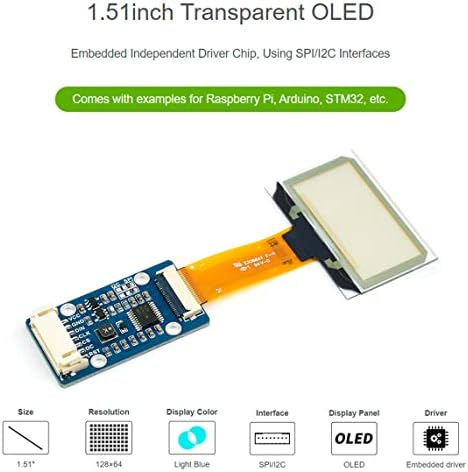 1,51 инчен Транспарентен OLED Со Табла За Проширување,За Малина Pi/Arduino/STM32, 128x64 Резолуција Светло Сина Боја Дисплеј,