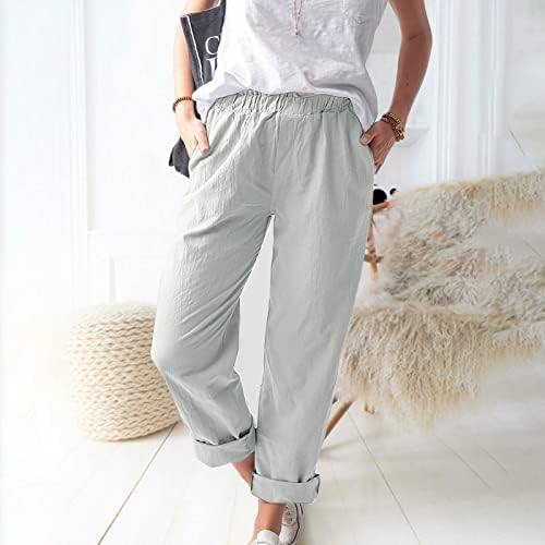 Фитнес постелнина еластични панталони за половината за жени цврста боја лабава права панталони со џебови за деловни хеланки на плажа