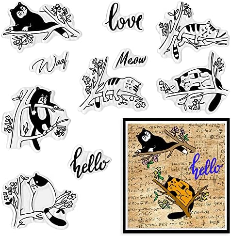 Цртани мачки чисти марки за правење картички мачка на гранката чиста печат за животни здраво зборови транспарентни силиконски