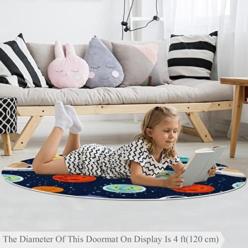 Llnsupply Детска килим 5 ft Големи килими со тркалезно подрачје за девојчиња бебе бебе - шарени планети лице цртан филм универзум, домашен декор