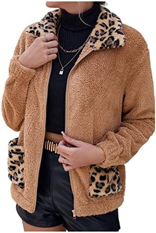 Зимски палта за жени леопард-панел со долги ракави со долги ракави