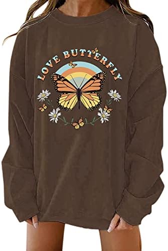 Beuu жени пеперутка буква печати за печатење на џемпери, екипаж, лабави џемпери, случајни удобни долги ракави пулвер врвови маици со маици
