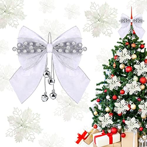 Божиќни лакови со sвона 14 x 10 инчи Божиќен венец лак 12 парчиња бели и сребрени Божиќни цвеќиња гроздобер лакови на новогодишна