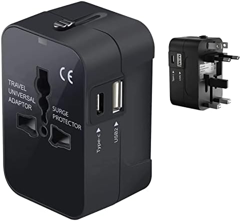 Travel USB Plus Меѓународен адаптер за електрична енергија компатибилен со LG Max за светска моќ за 3 уреди USB TypeC, USB-A за патување помеѓу