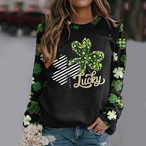 Iius Green St.Patrick Day Tshirts кошули за жени со долги ракави, џемпери на екипаж ирски гноми печати пулвер