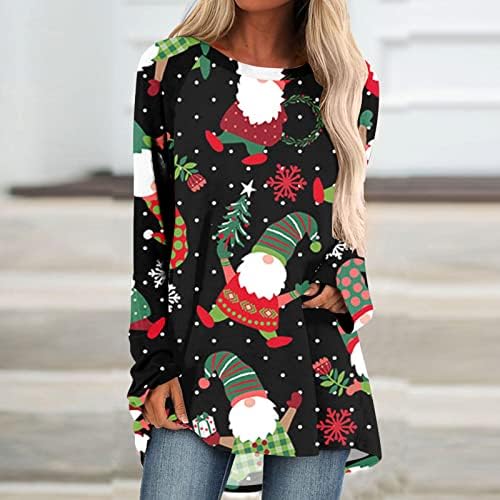 Womenените Божиќна тунична блуза пулвер врвови со долги ракави околу вратот снегулки маички лесен одмор Божиќ кошула