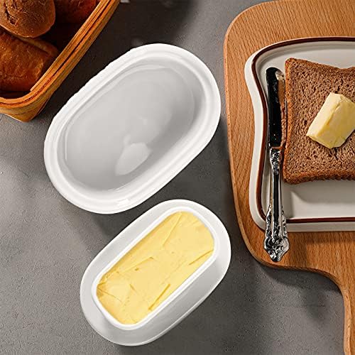 Avla керамички путер од путер, порцелански путер со вода, овален облик на путер чувар на сад со симпатична цветна шема за countertop, бело
