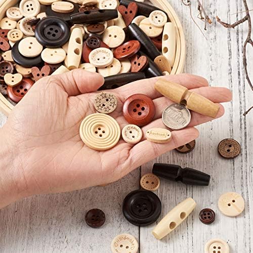 Мегапет 400 парчиња ретро дрво копчиња повеќе дупки рамни кружни занаети за занаетчиски копчиња за шиење рог за вртење за ткаење
