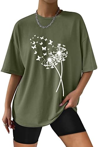 Преголеми графички маички, гроздобер шема отпечатена екипаж со кратки ракави, удобни тунични врвни маички маички за жени