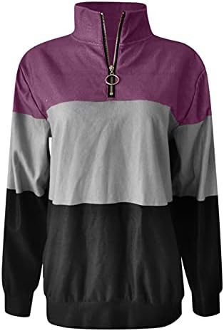 Women'sенски четвртина патент со лесен пуловер џемпери во боја на бојата, јака со долг ракав, обични врвови на блузи