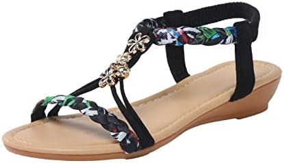 Womenените клин чевли рамни монистра со сандали на плажа Сандали од рамни папучи на плажа, сандали, се вклопуваат во апостолки сандали