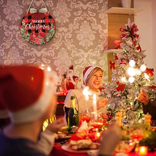 Среќни Божиќни украси за венци, црвена кардинална Божиќна влезна врата знак Бафало кариран Божиќен дрвен знак за Божиќ Зимски празник влезен врата