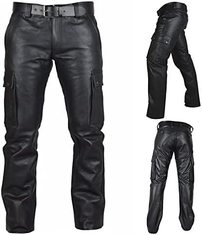 Машки кожни панталони за машка гроздобер случајно истегнување пукер панталони Steampunk хип хоп диско мотоцикл карго панталони улична