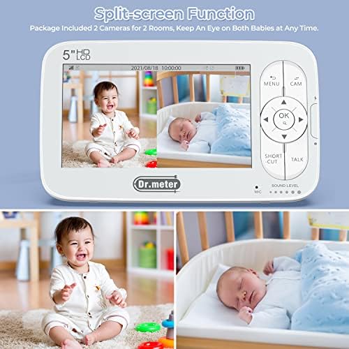 Сплит екран Монитор за бебиња со 2 камери, 5 '' Голем приказ на видео за бебиња со камера и аудио, 720p HD, далечински панел-навален-зум,