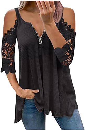 Плус големина ладна маица за рамо за жени zip v вратот фустани кошули чипка шупнат блузи цврсти обични врвови на туника