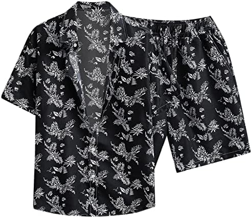 Машки тропски хавајски кошули поставува 2 парчиња џогирање на врвот и кратки облеки Класична забава Хаваи 3Д печатење на печатење Обичен сет