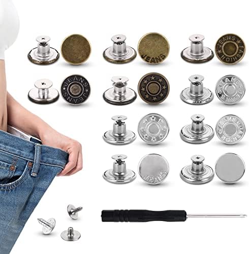 24 комплети на копчето за копчиња за фармерки без копчиња за шиење метални за лабави панталони, прилагодливо копче за инстант за затегнување на големината на полови